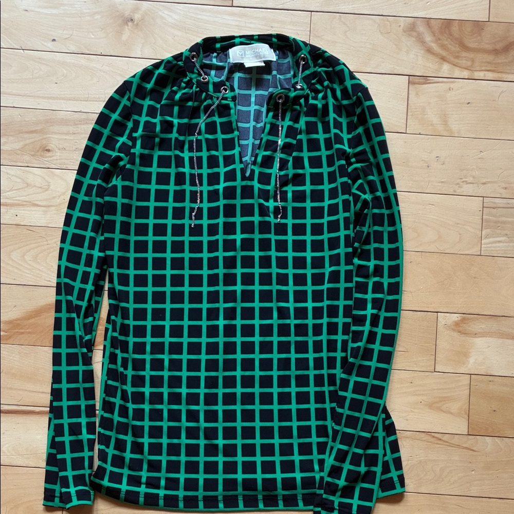 2 for $15 michael kors Green and Black Grid Pattern Long Sleeve Top
